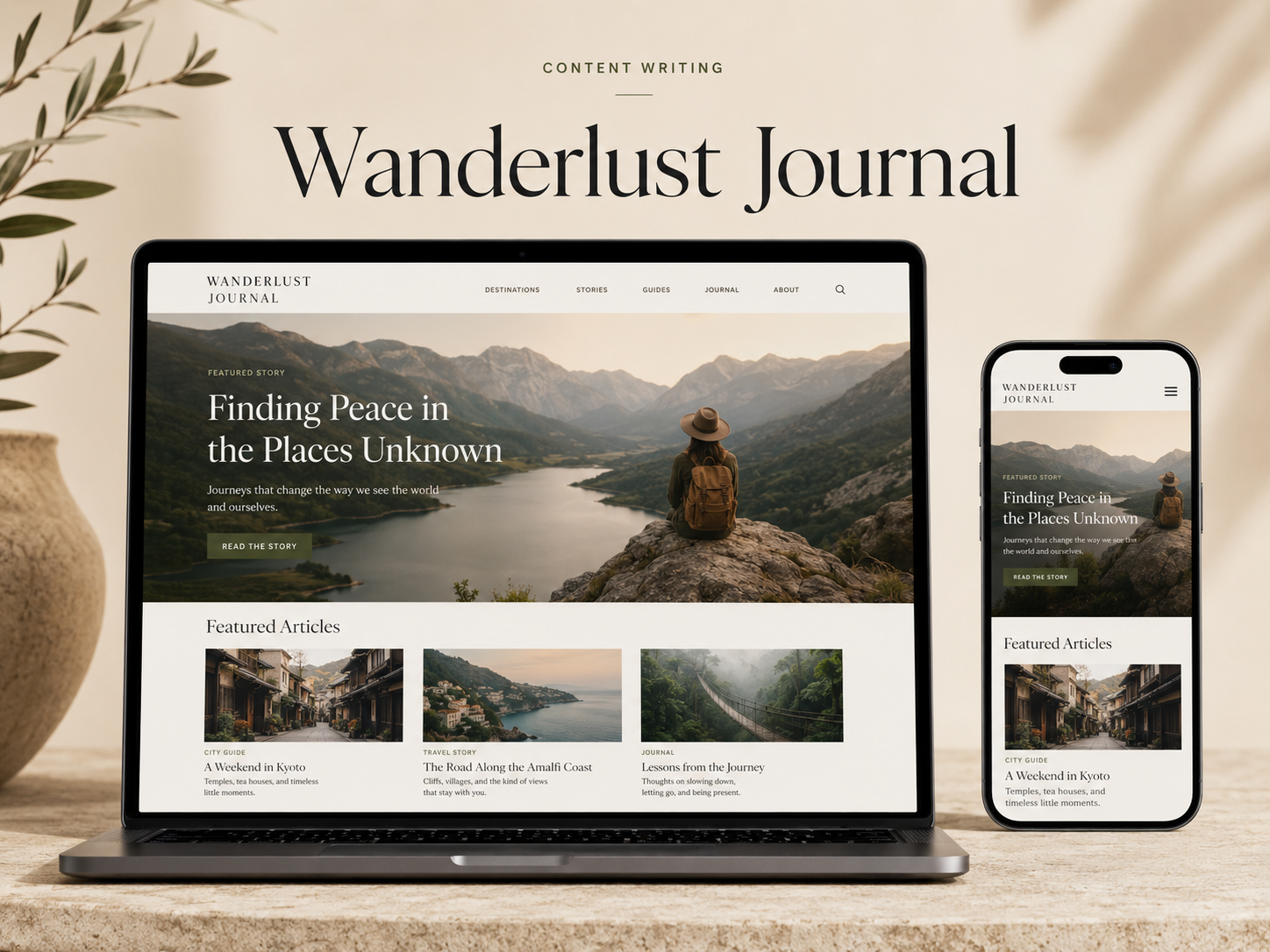 Wanderlust Journal editorial travel website showing a feature article and related stories sidebar