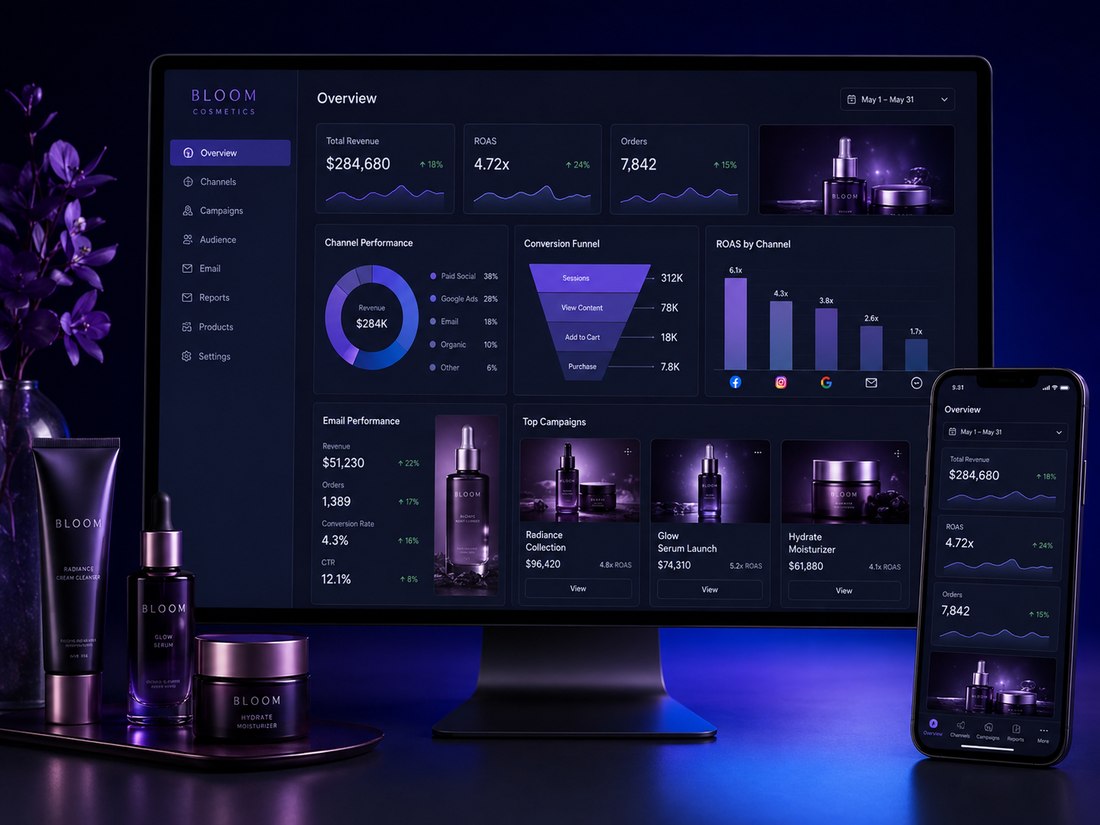 Bloom Cosmetics marketing dashboard showing revenue, ROAS and top campaign performance