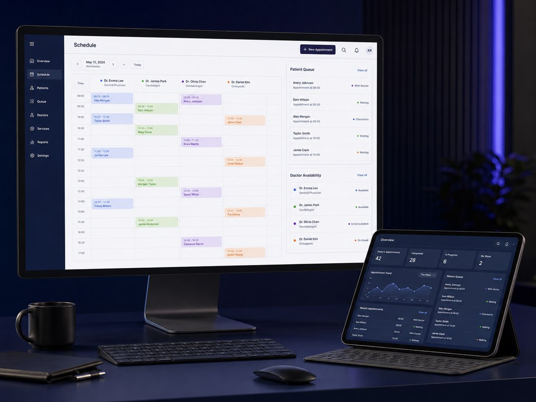 ClinicSync scheduling software showing a weekly appointment calendar and patient queue