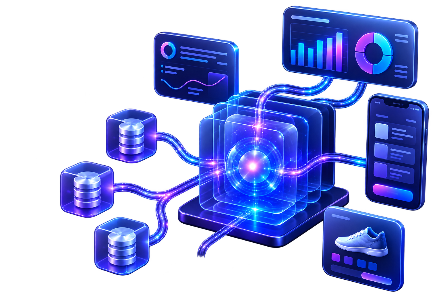 Abstract illustration of a connected workflow system linking data, analytics and devices