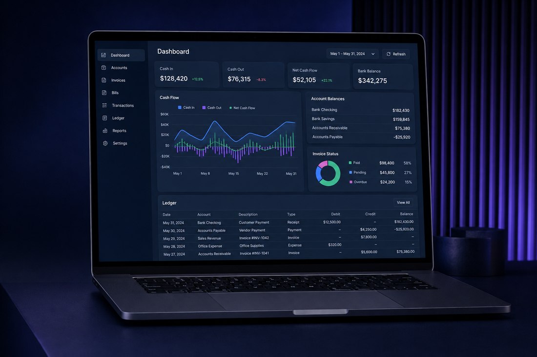 Ledger Pro accounting software showing cash flow charts, account balances and a ledger table