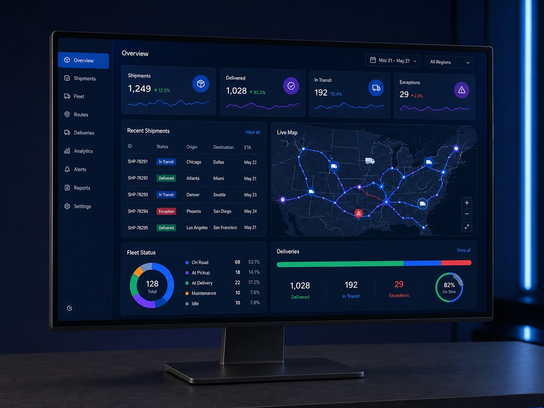 Nimbus Logistics dashboard showing shipment stats, a live delivery map and fleet status