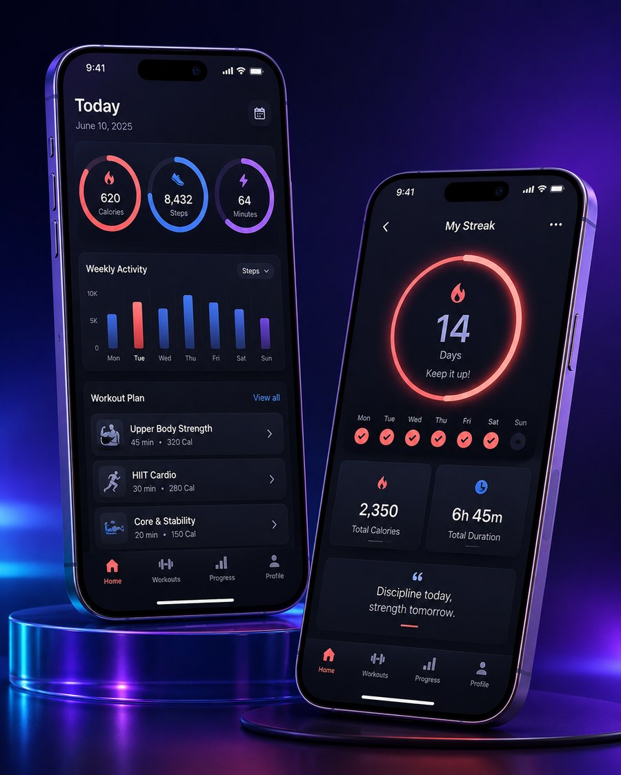PulseFit fitness app showing daily activity rings and a workout streak screen