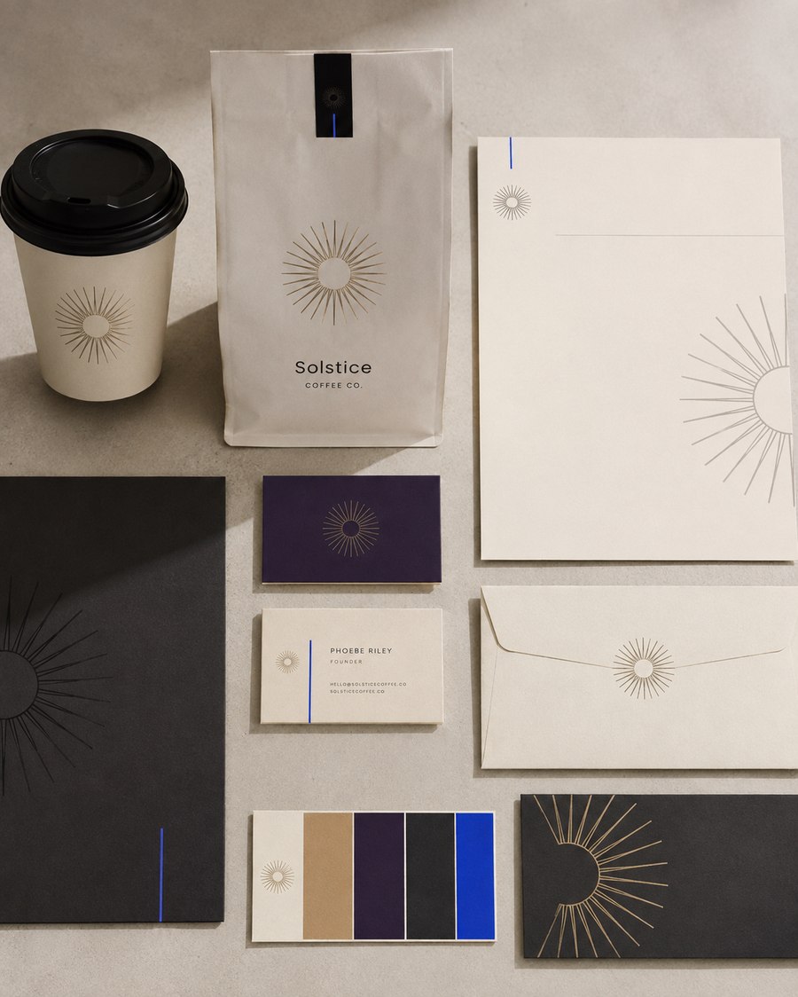 Solstice Coffee Co brand identity flat-lay showing packaging, business cards and stationery