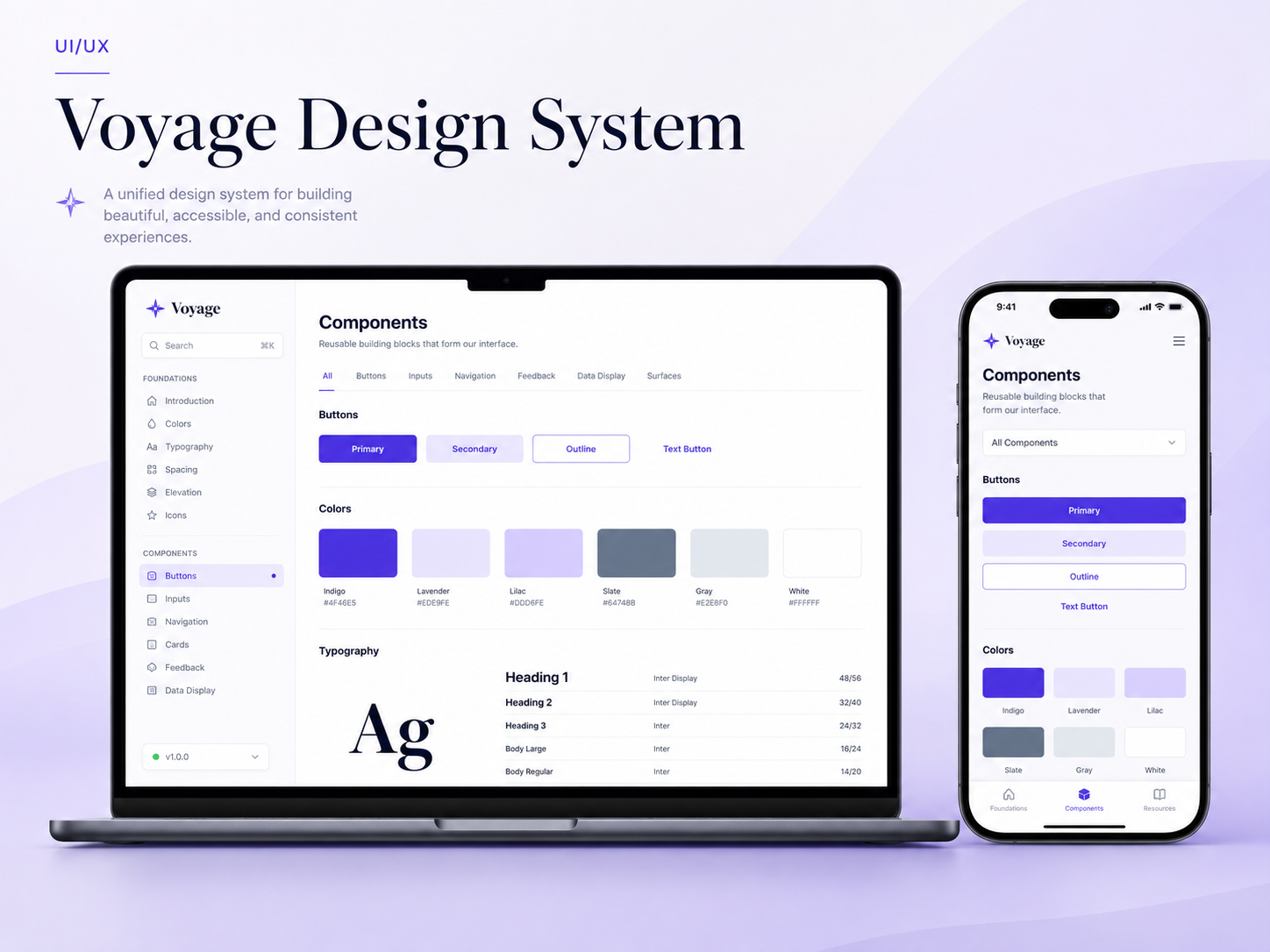 A UI design system board showing buttons, form fields, color tokens and connected app screens