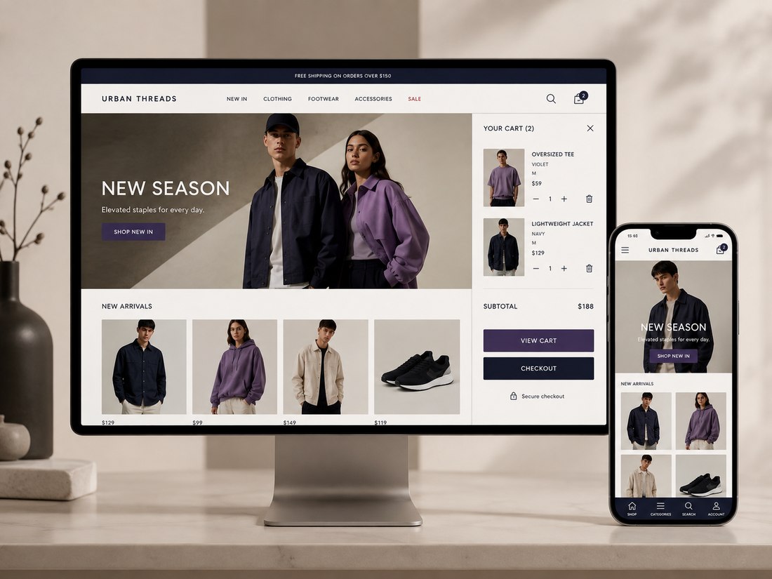 Urban Threads fashion storefront showing a product page and shopping cart panel