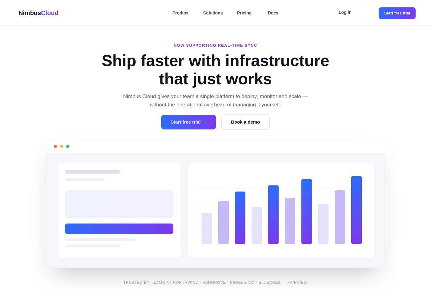 NimbusCloud SaaS marketing website showing the hero section and a product dashboard preview